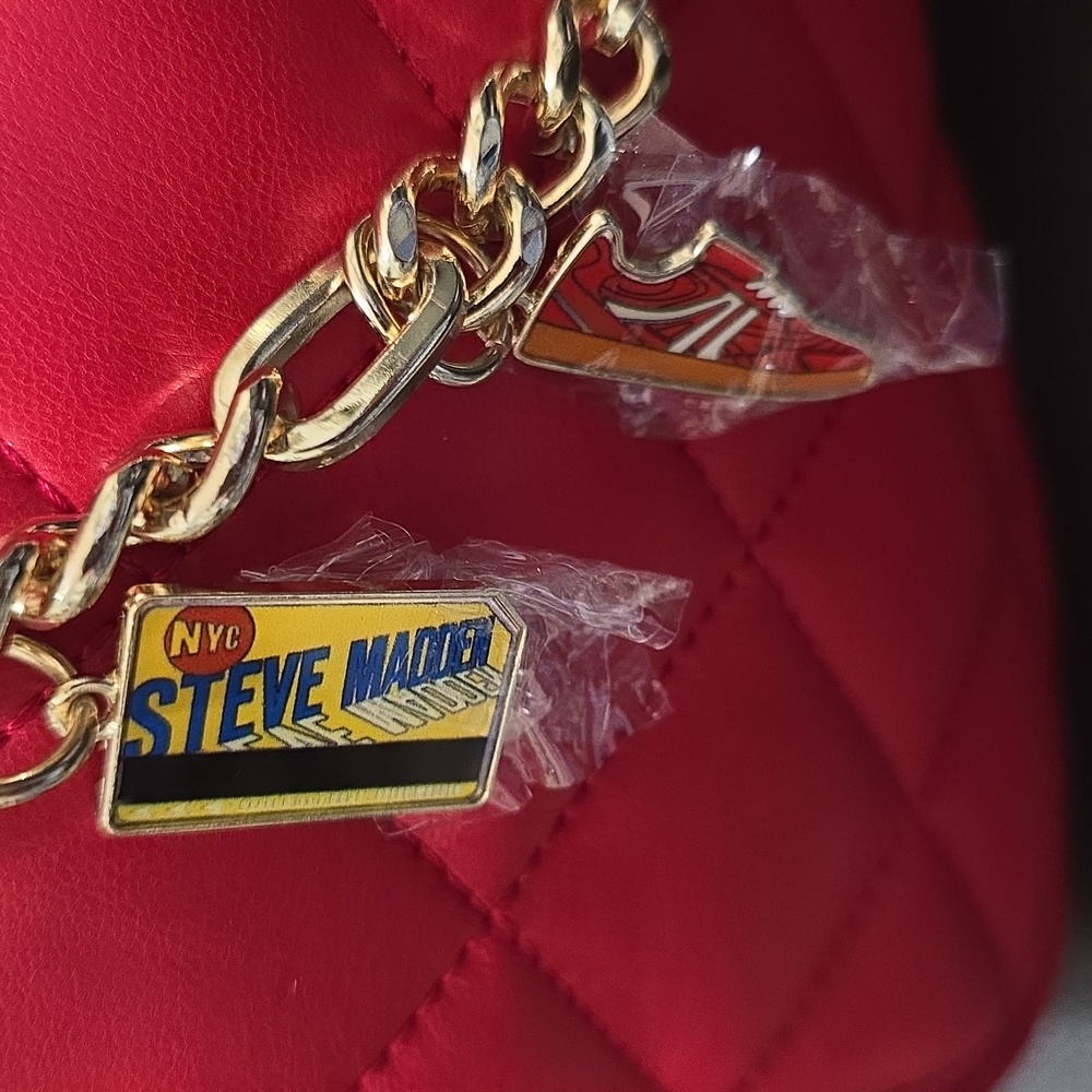 STEVE MADDEN Red Quilted Satchel with Chain Detail - Picture 7 of 9